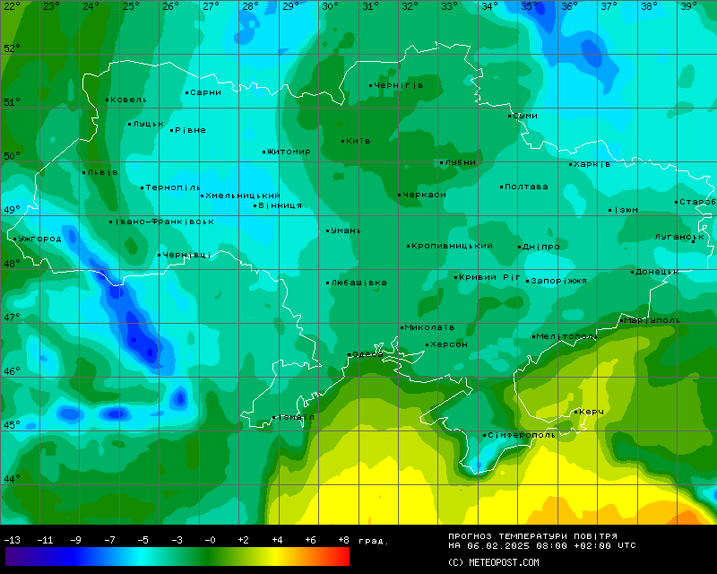 Карта температур на 6 лютого 2025 року