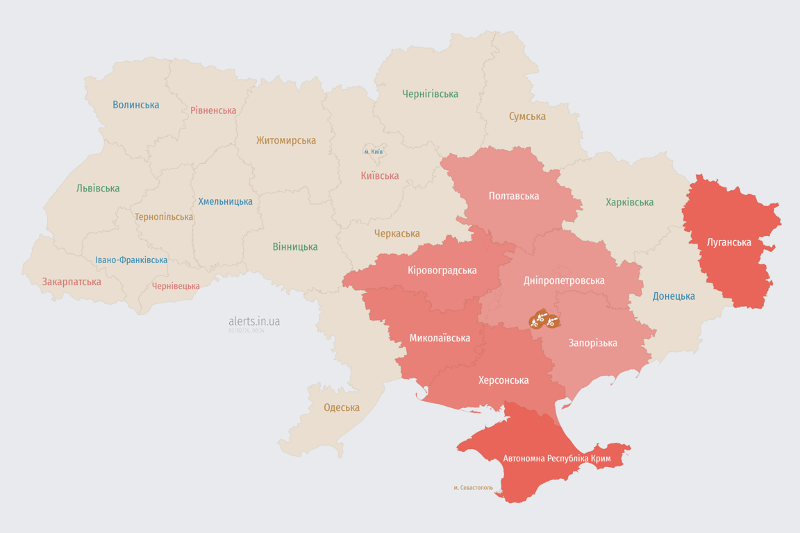 Карта воздушных тревог в Украине сегодня, 2 февраля