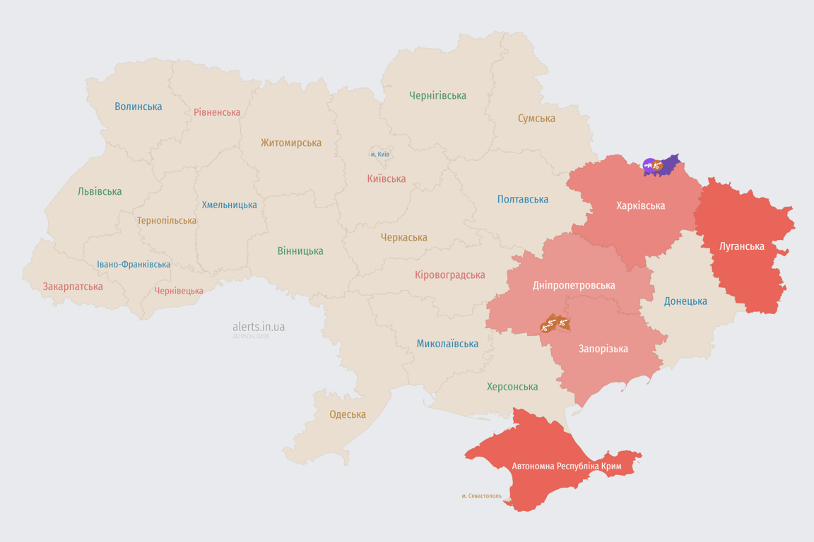Карта повітряних тривог в Україні вночі 28 травня 