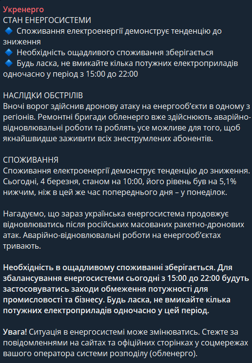 Відключення світла в Україні 4 березня