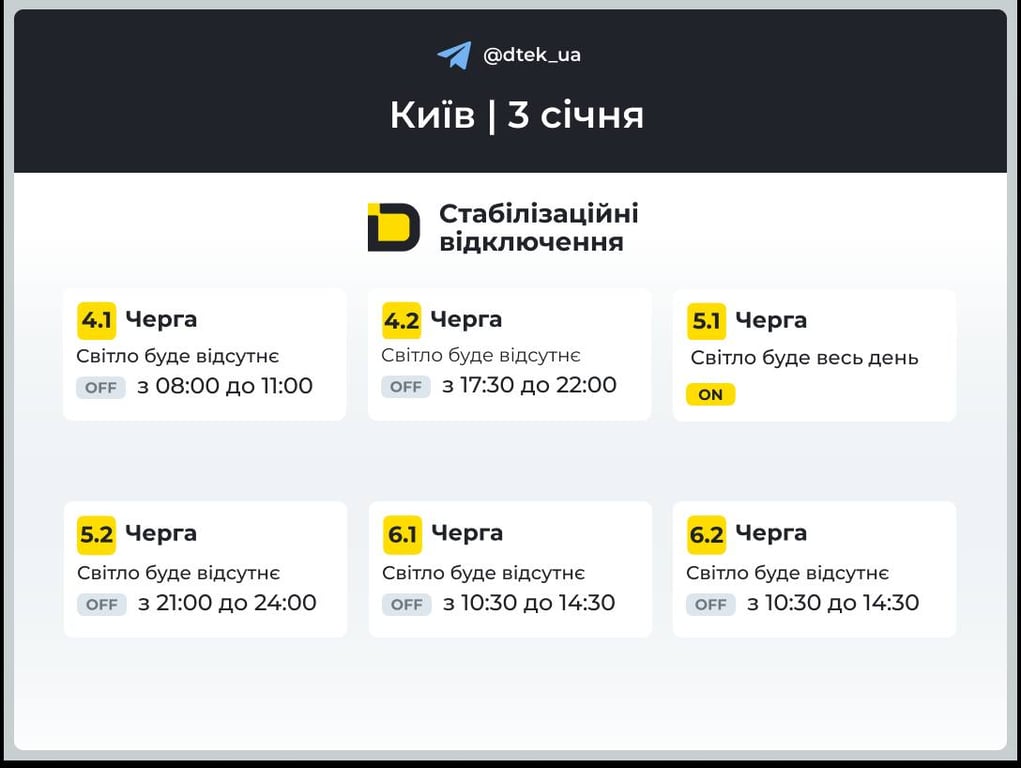 Відключення світла в Києві 3 січня