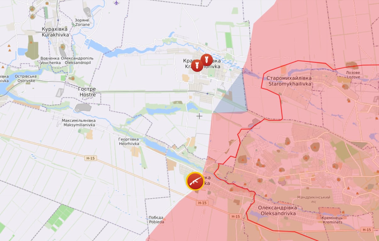 Карта бойових дій на Мар'їнському напрямку від Liveuamap