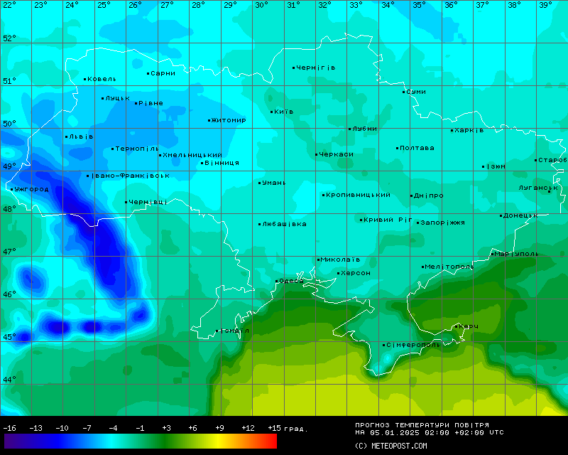 Карта температур на 5 січня 2025 року