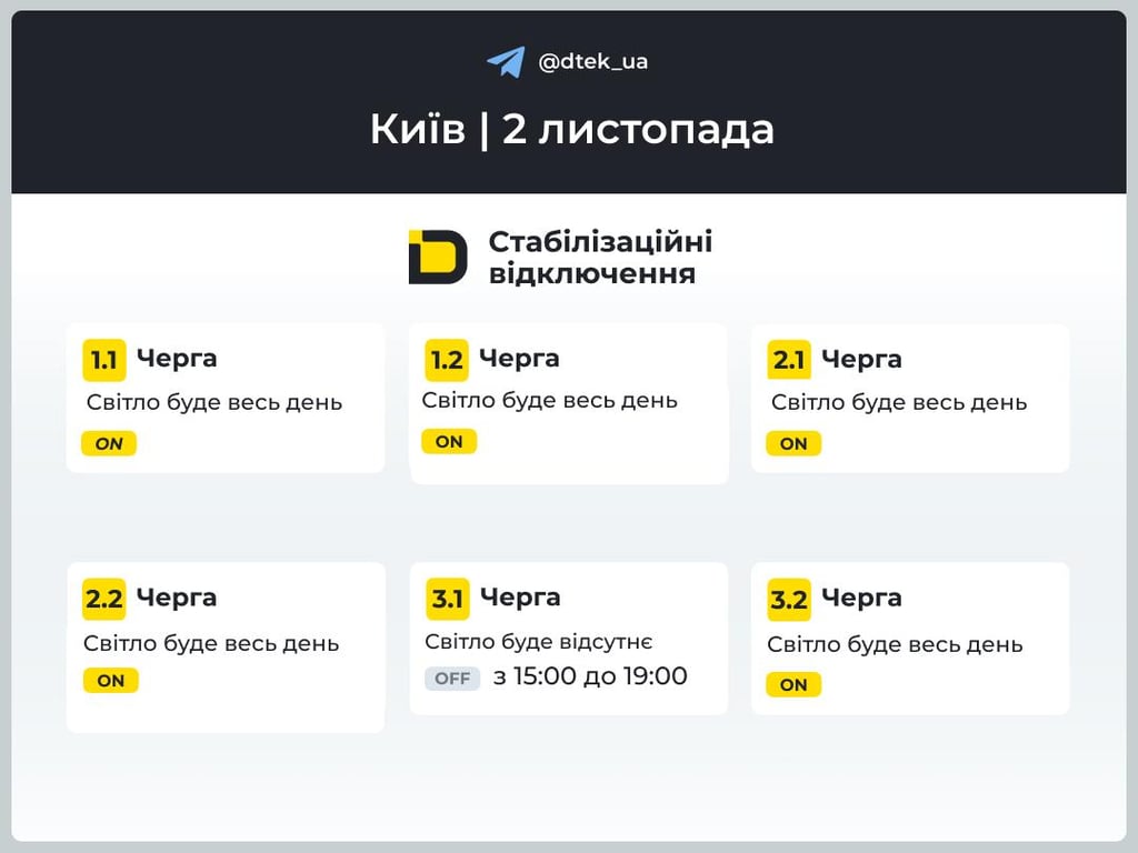 Коли виключатимуть світло завтра 2 листопада