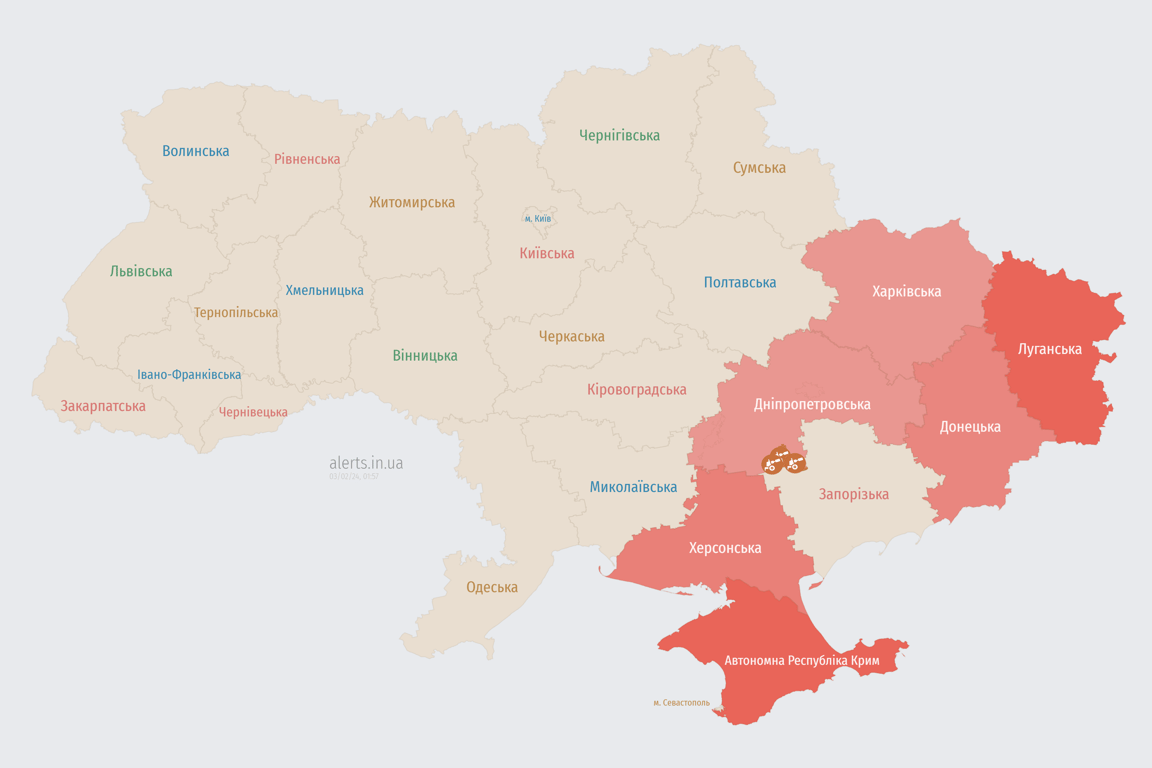 Мапа повітряної тривоги в Україні 3 лютого