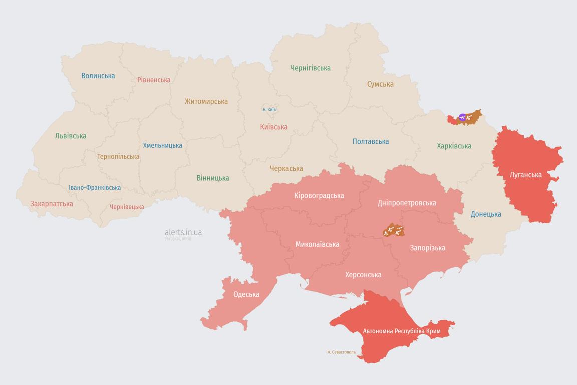 Воздушная тревога на юге Украины ночью 26 июня