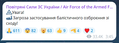 Скриншот повідомлення з телеграм-каналу "Повітряні сили ЗС України"