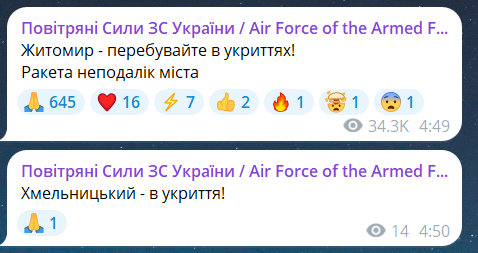 Скриншот сообщения из телеграмм-канала "Воздушные силы ВС Украины"