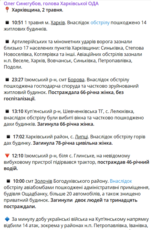 Обстріли Харківщини 1 травня