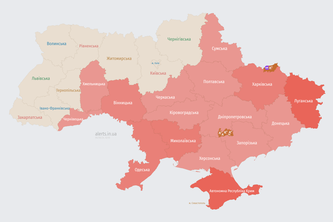 Мапа повітряної тривоги в Україні зараз 6 червня