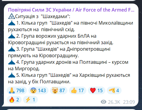 Скриншот з телеграм-каналу "Повітряні сили ЗС України"