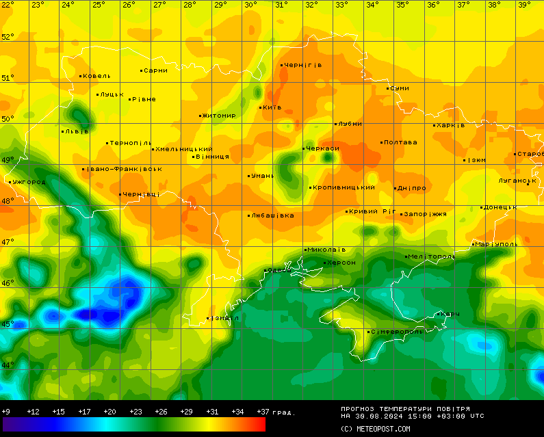 Карта денних температур. Фото: Метеопост