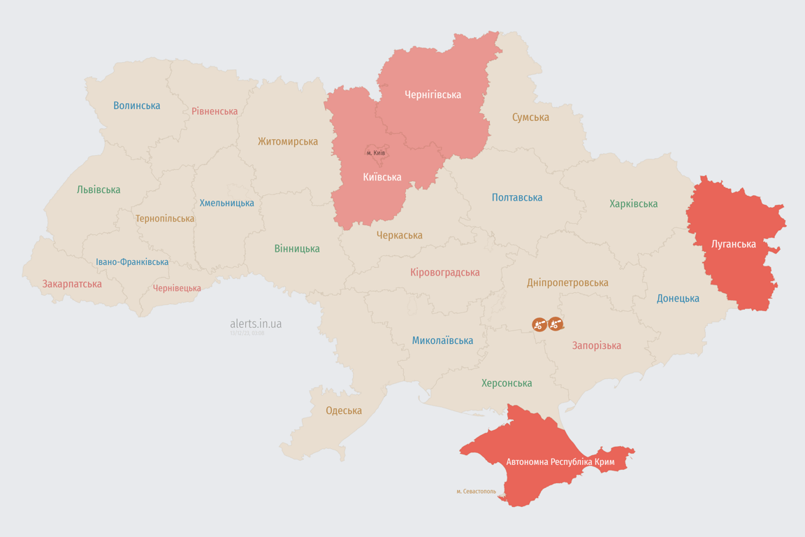 Мапа повітряних тривог  в Україні сьогодні, 13 грудня