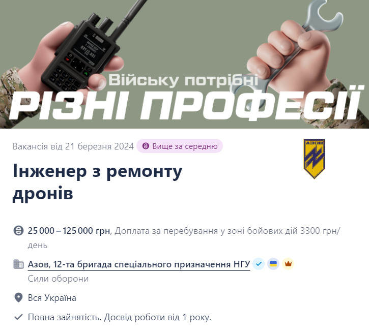 Скриншот вакансії Інженер з ремонту дронів в полку "Азов" на сайті Work.ua