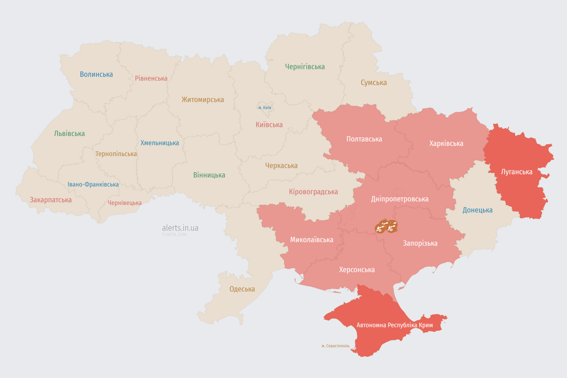 Карта воздушной тревоги в Украине 11 февраля