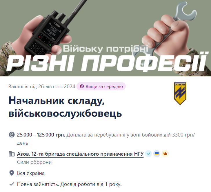 Вакансія начальник складу в полку "Азов" на сайті Work.ua