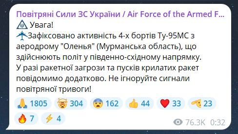 Скриншот повідомлення з телеграм-каналу "Повітряні сили ЗС України"