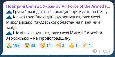 Скриншот сообщения из телеграмм-канала "Воздушные силы ВС Украины"