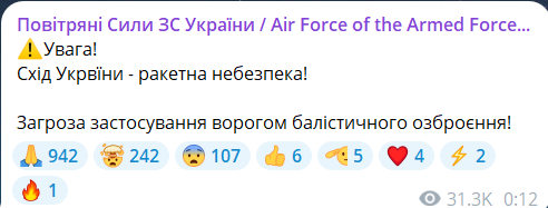 Скриншот повідомлення з телеграм-каналу "Повітряні сили ЗС України"