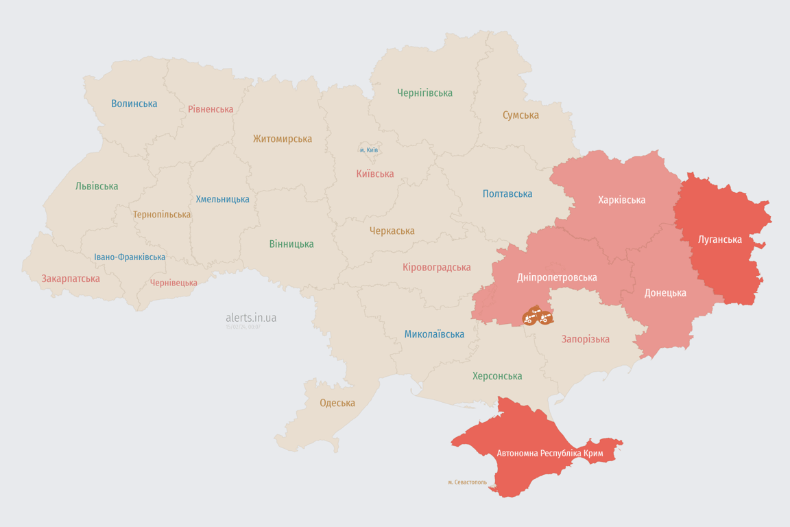 Мапа повітряної тривоги в Україні 15 лютого