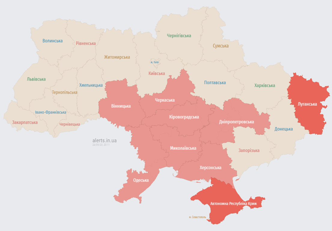 Карта воздушных тревог вечером 24 сентября. Фото: alerts.in.ua