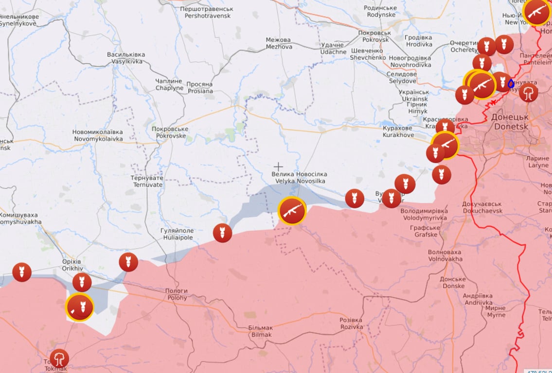 Карта бойових дій на Мар'їнському, Бердянському та Запорізькому напрямках від Liveuamap