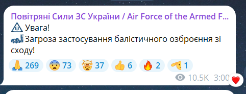 Скриншот повідомлення з телеграм-каналу "Повітряні сили ЗС України"
