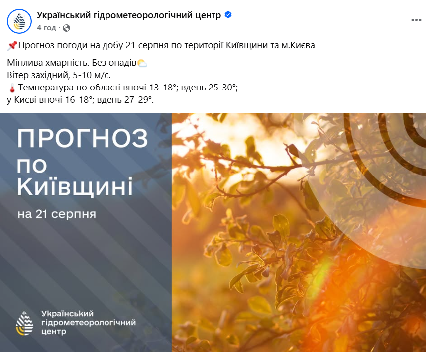 Погода в Києві 21 серпня
