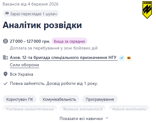 "Азову" потрібні аналітики розвідки — з'явилась вакансія
