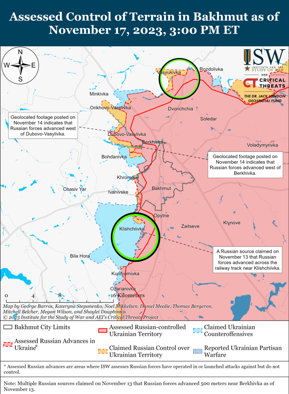Карта боевых действий на Бахмутском направлении от ISW
