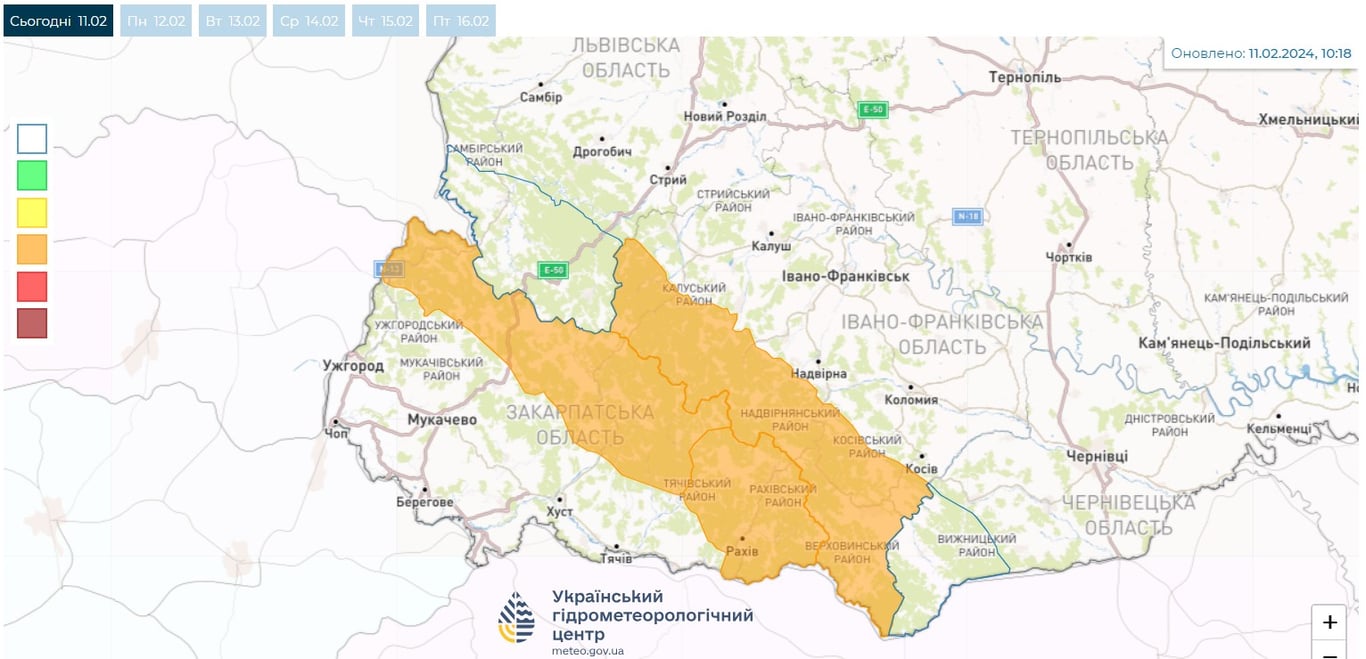 Мапа сніголавинної небезпеки в Україні 12 лютого від Укргідрометцентру