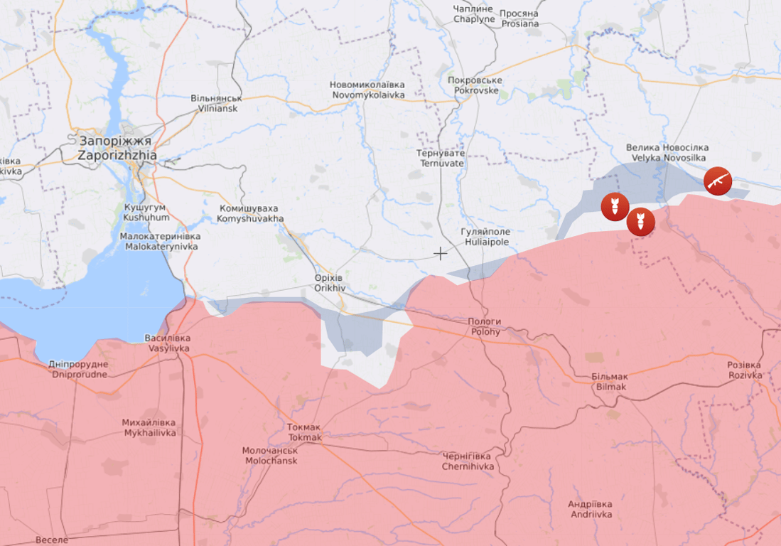 Карта бойових дій на Бердянському напрямку від Liveuamap. Фото: скриншот