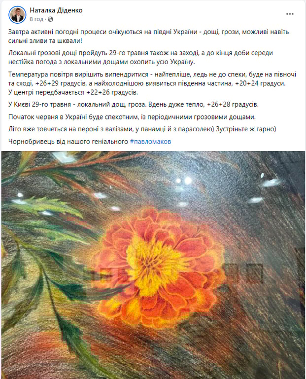 Прогноз погоди від Наталки Діденко 29 травня