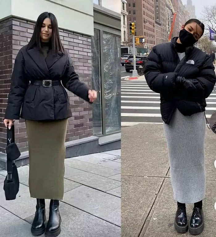 Елегантний образ з пуховиком та спідницею