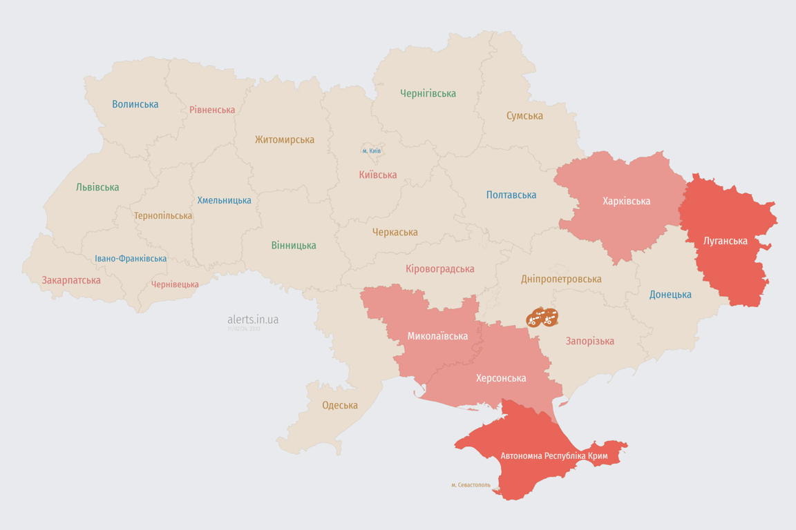 Мапа повітряної тривоги в Україні 11 лютого