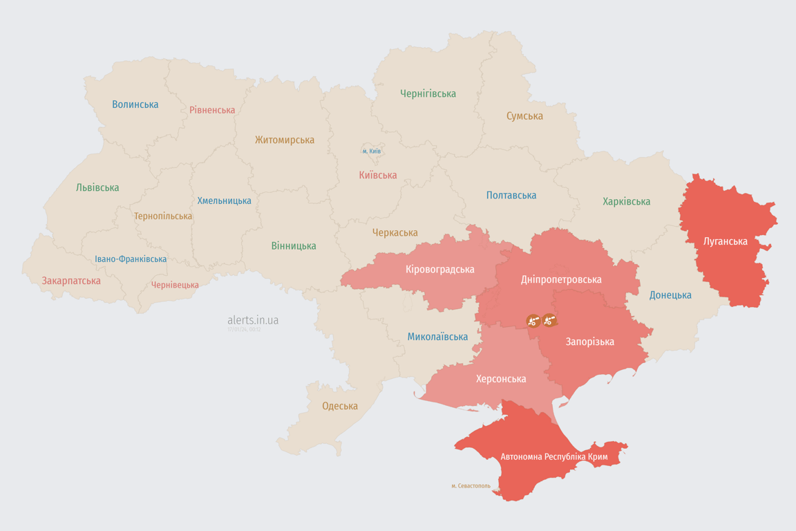 Карта воздушных тревог в Украине сегодня 17 января