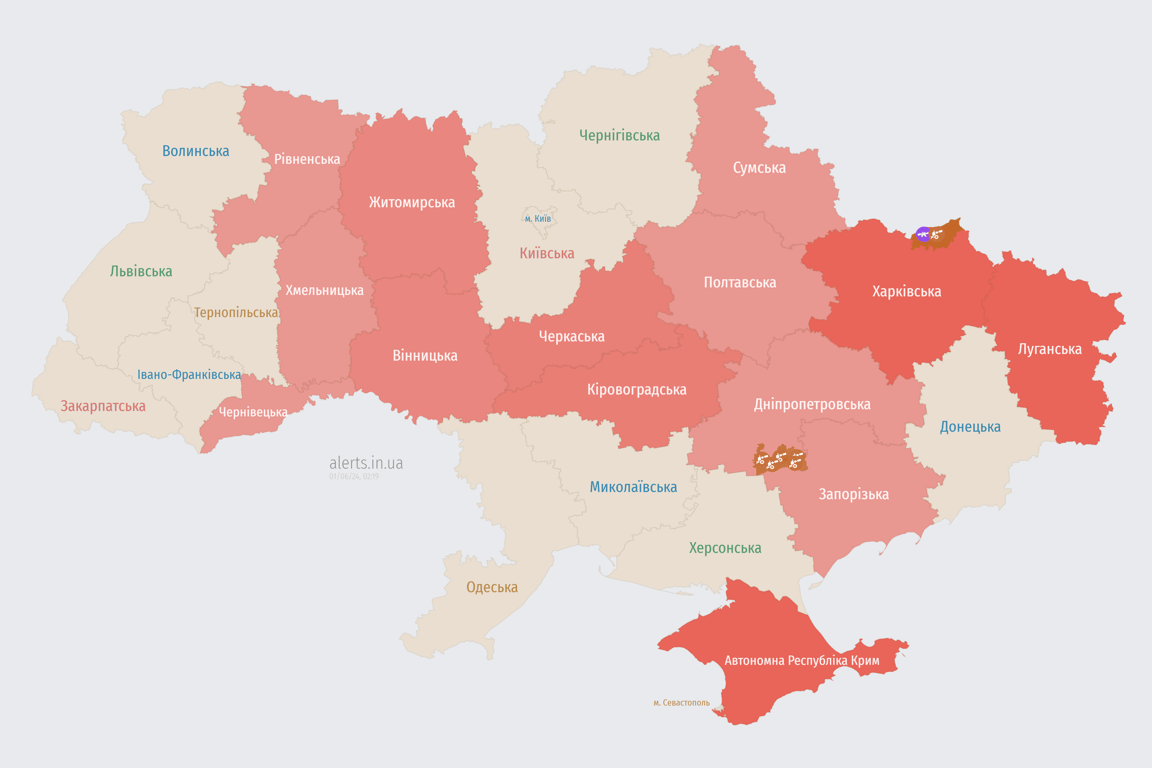 Мапа повітряної тривоги в Україні зараз 1 червня