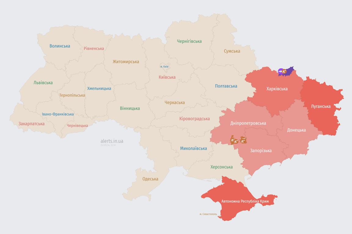 Мапа повітряної тривоги в Україні сьогодні, 25 травня