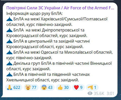 Скриншот повідомлення з телеграм-каналу "Повітряні сили ЗС України"