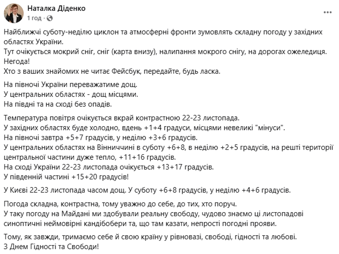 Погода на 22 листопада