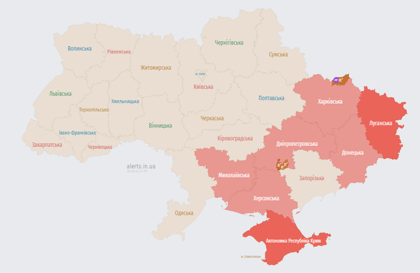 Карта повітряних тривог. Фото: alerts.in.ua