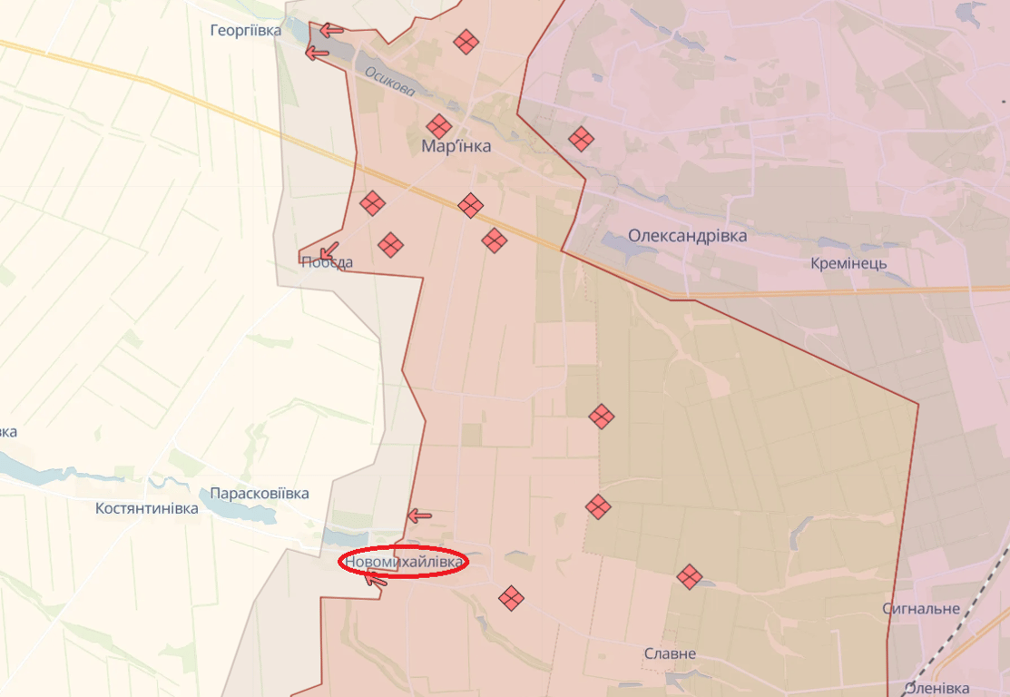 Новомихайловка на онлайн-картах войны DeepState