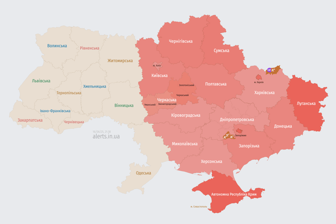 Карта повітряних тривог 16 червня