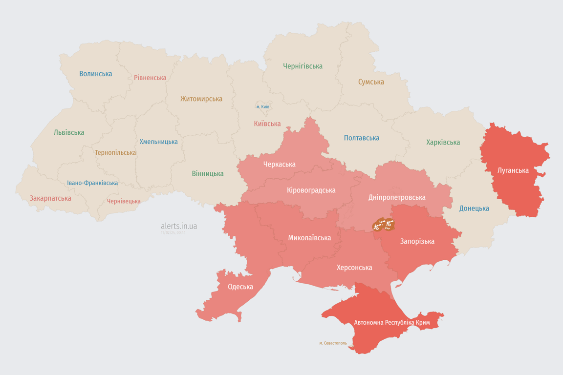 Карта воздушной тревоги в Украине 11 февраля