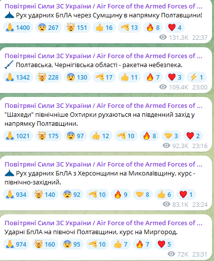 Атака ударних БпЛА та ракетна небезпека в Україні ввечері 22 серпня