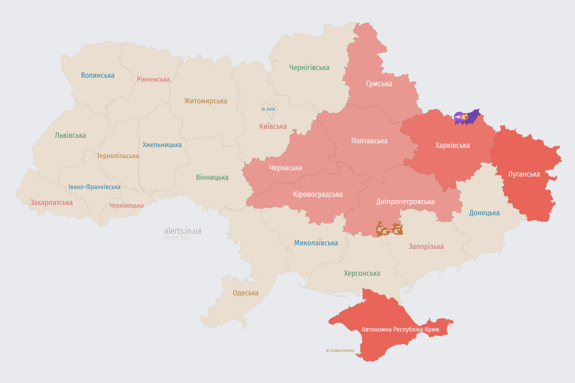 Карта повітряних тривог в Україні 25 травня 