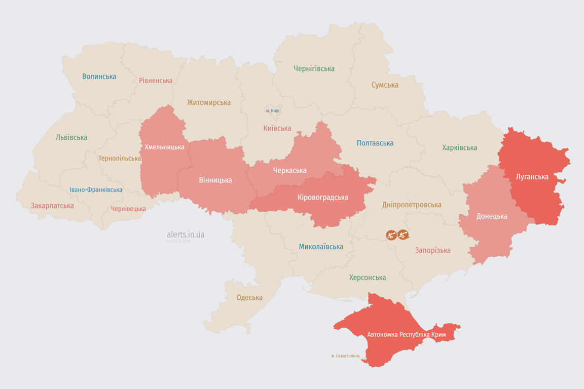 Мапа повітряних тривог в Україні станом на сьогодні, 14 листопада