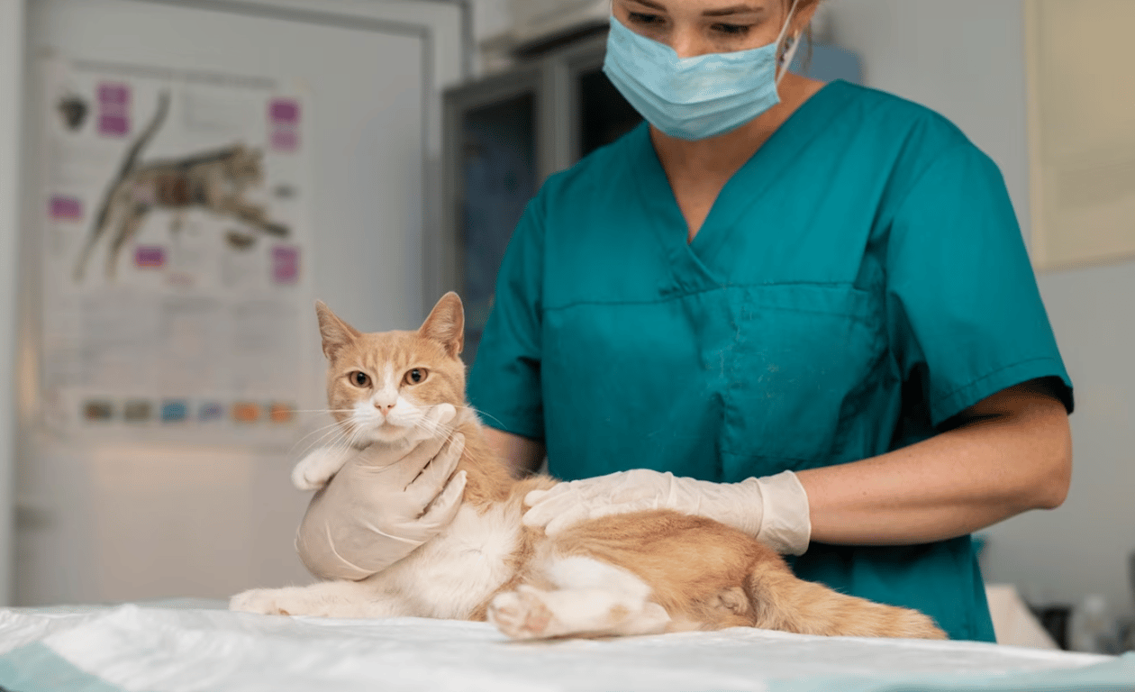 Ветеринар, оценивающий состояние здоровья кота