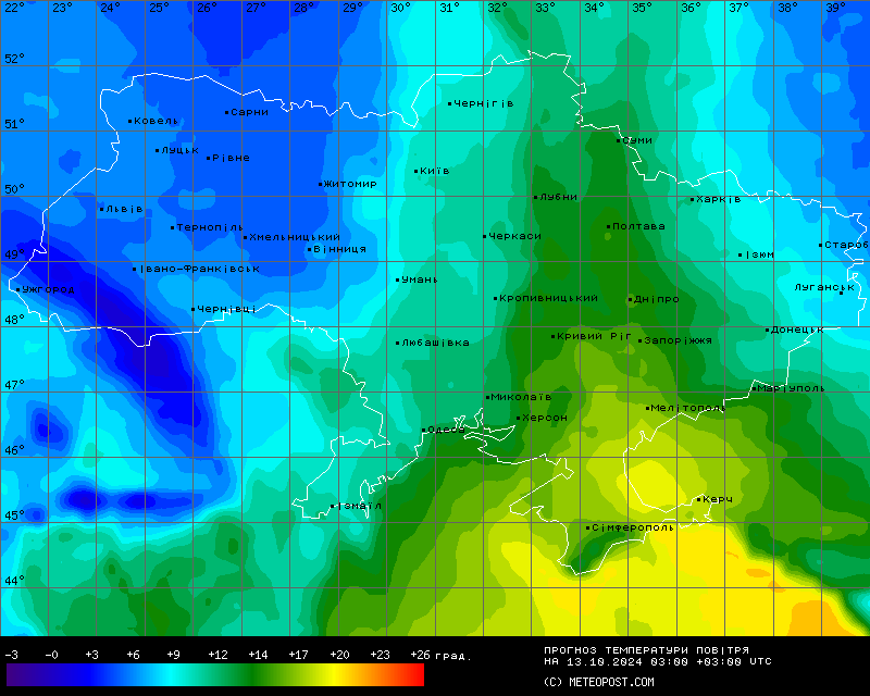 Карта температур в  Україні на 13 жовтня