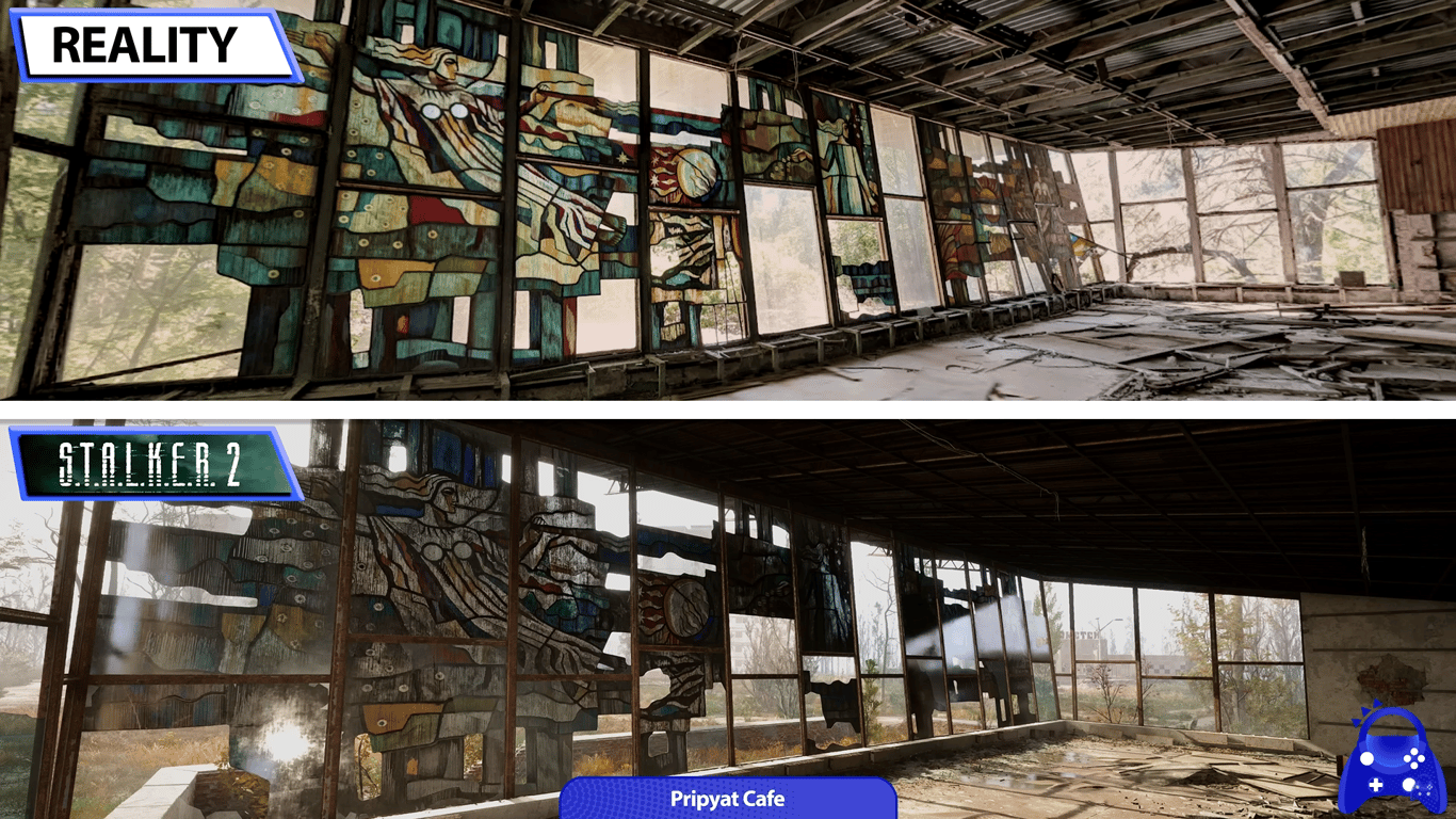 Сравнение кафе "Припять" в игре STALKER 2 и в реальности